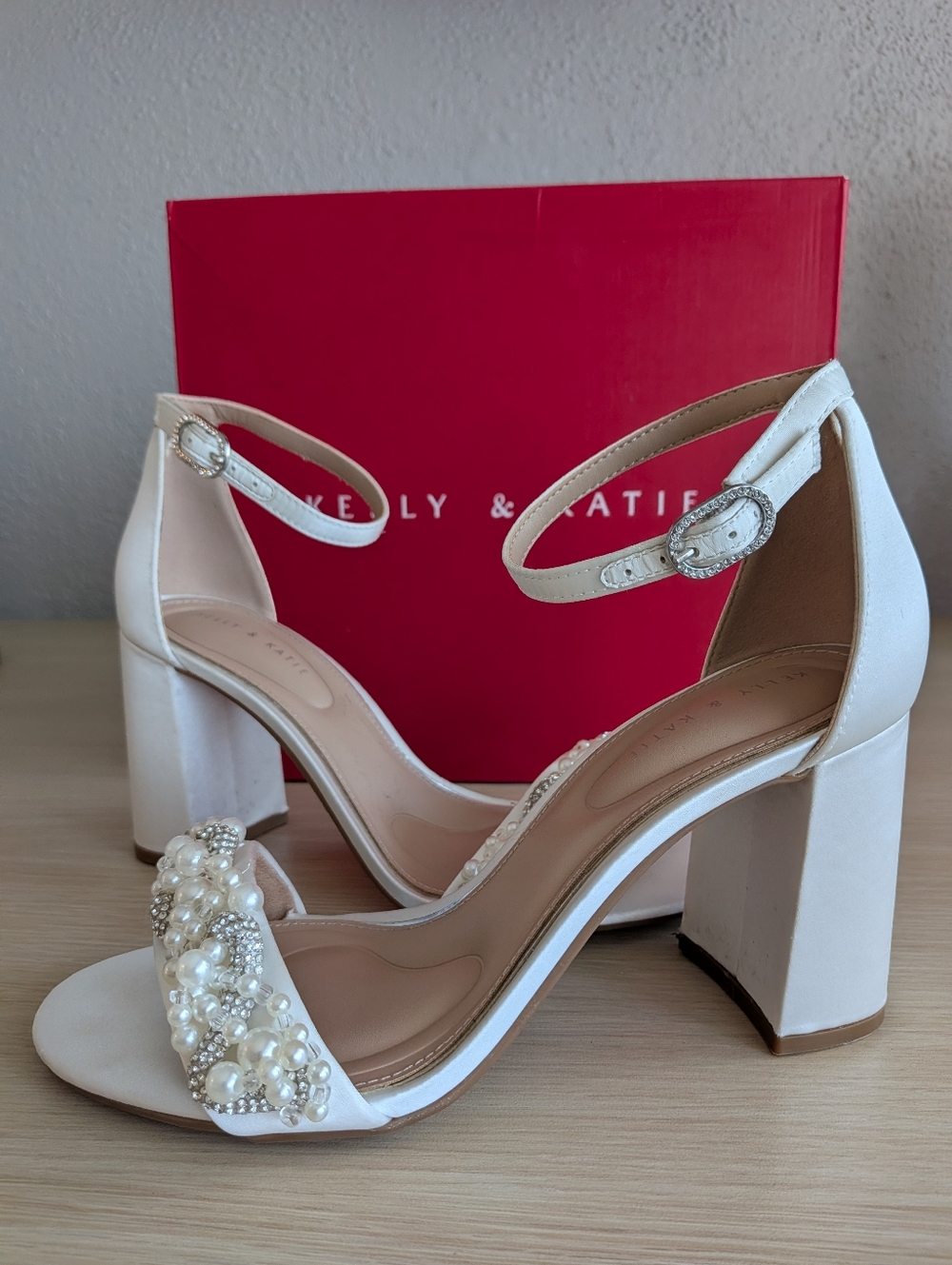 White Pearl and Rhinestone Block Heel Wedding Sandals